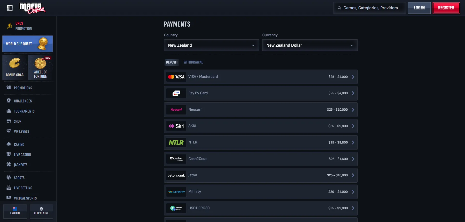 Mafia Casino NZ payment methods &mdash; crypto, cards, e-wallets deposit and withdrawal